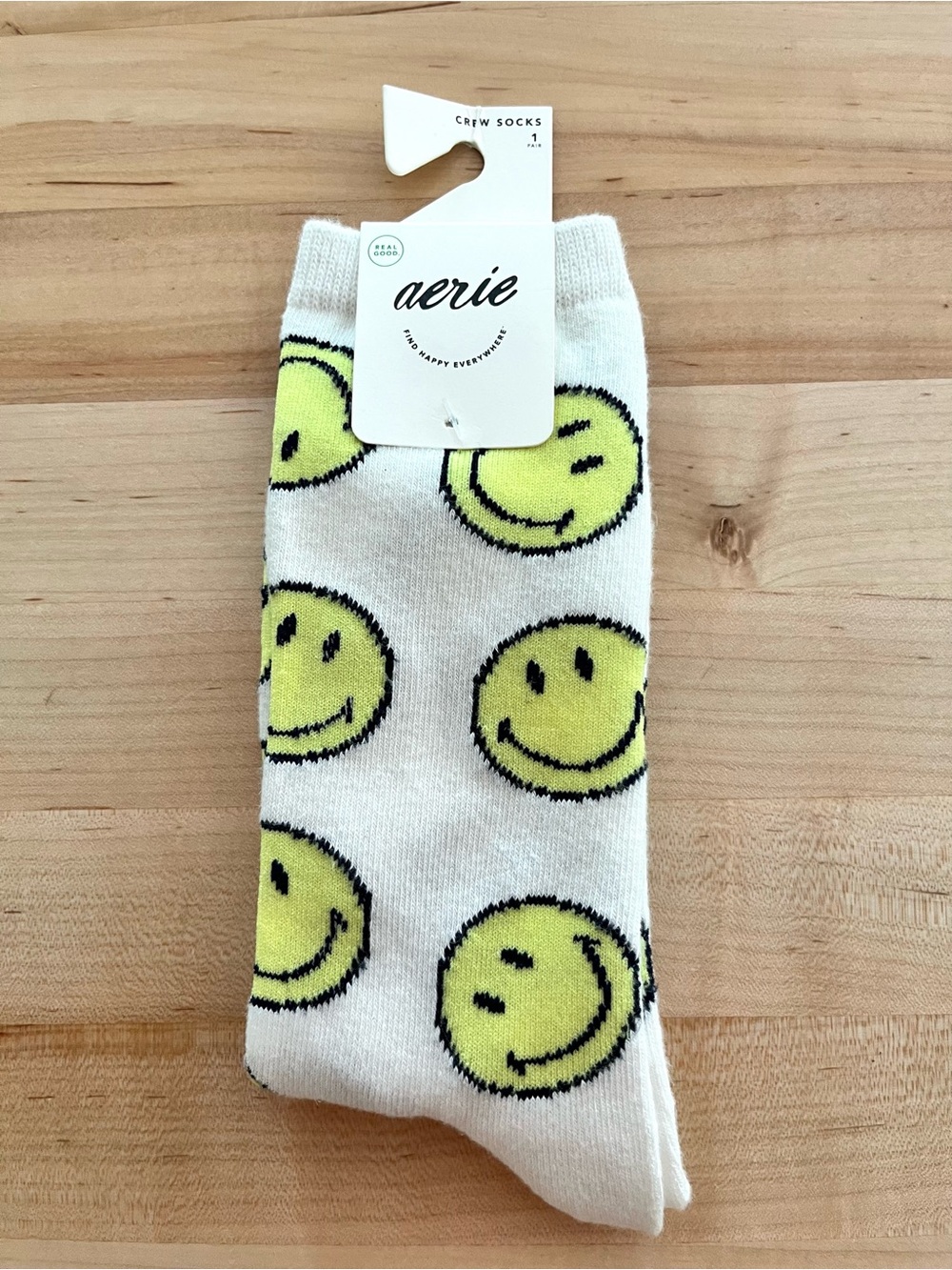 Aerie White Crew Socks with Neon Yellow Smiley Faces, NWT